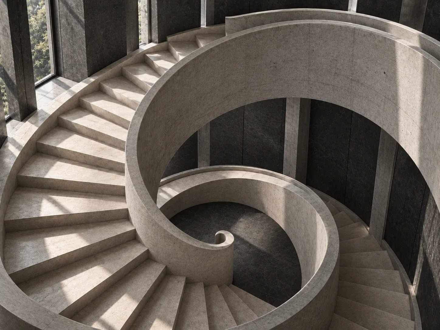 A limestone spiral staircase seen from above, winding down around a curved balustrade
