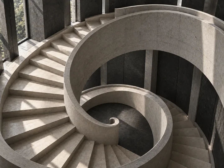 A limestone spiral staircase seen from above, winding down around a curved stone balustrade