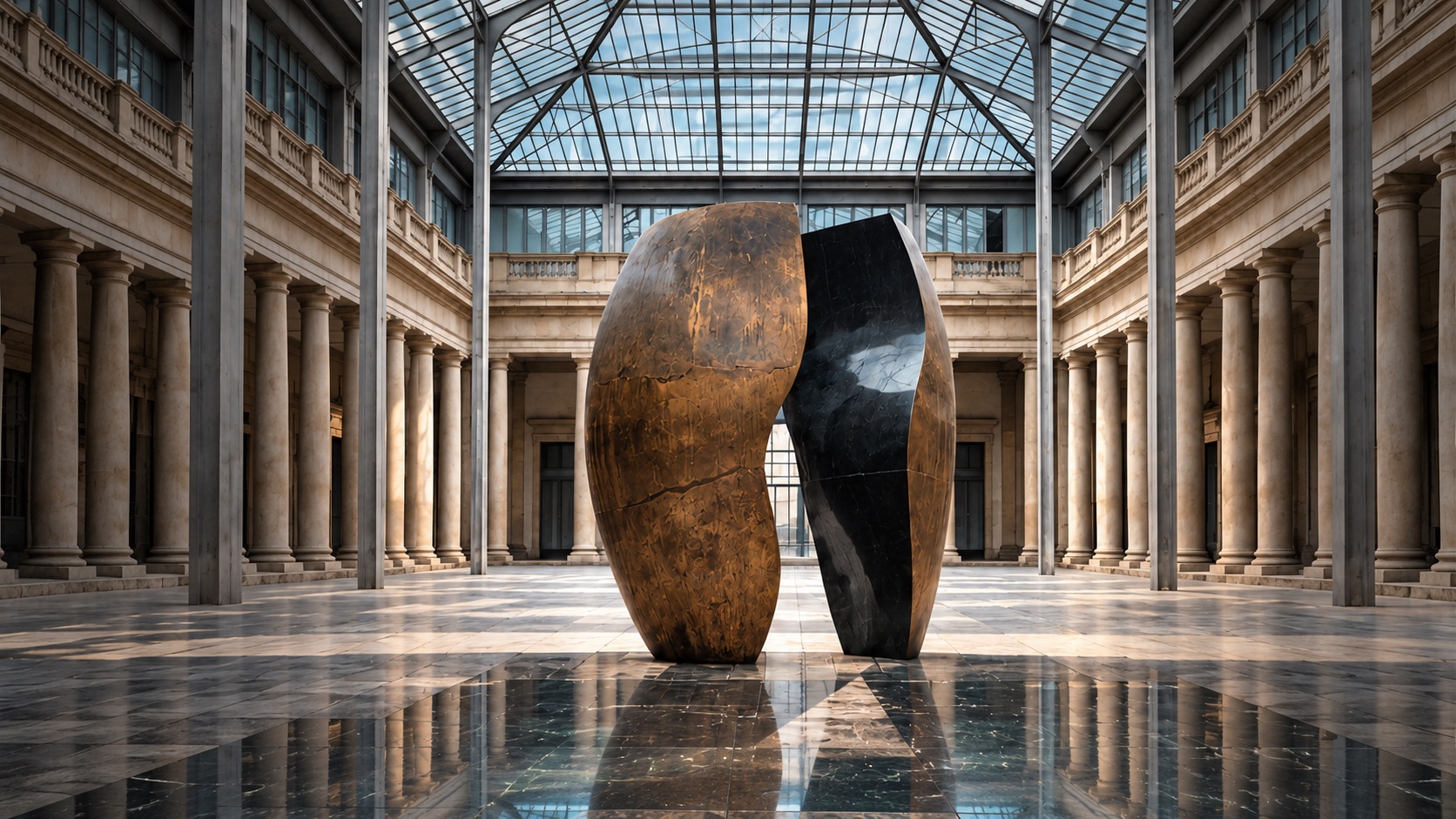 A bronze and black sculpture standing in a colonnaded stone atrium beneath a glass roof